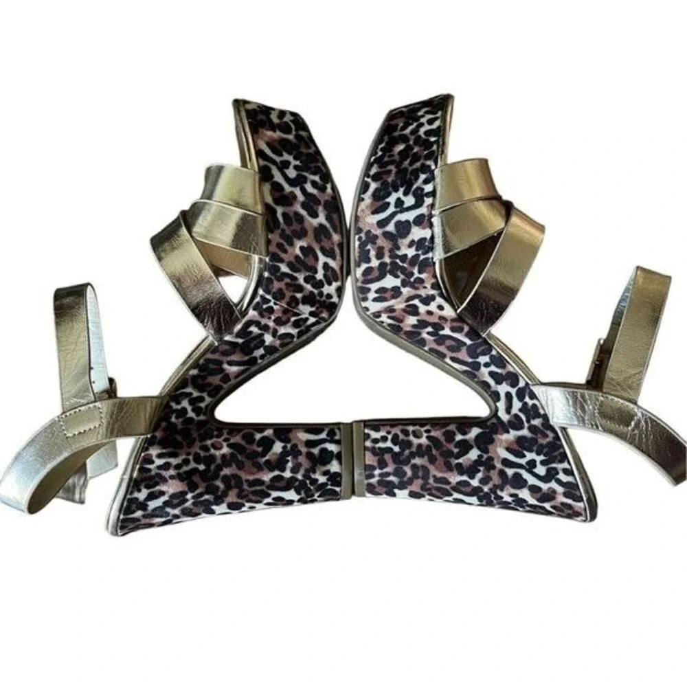 Platform Sandals Leopard Print Chunky Heel Gold Straps‎ Party Shoes